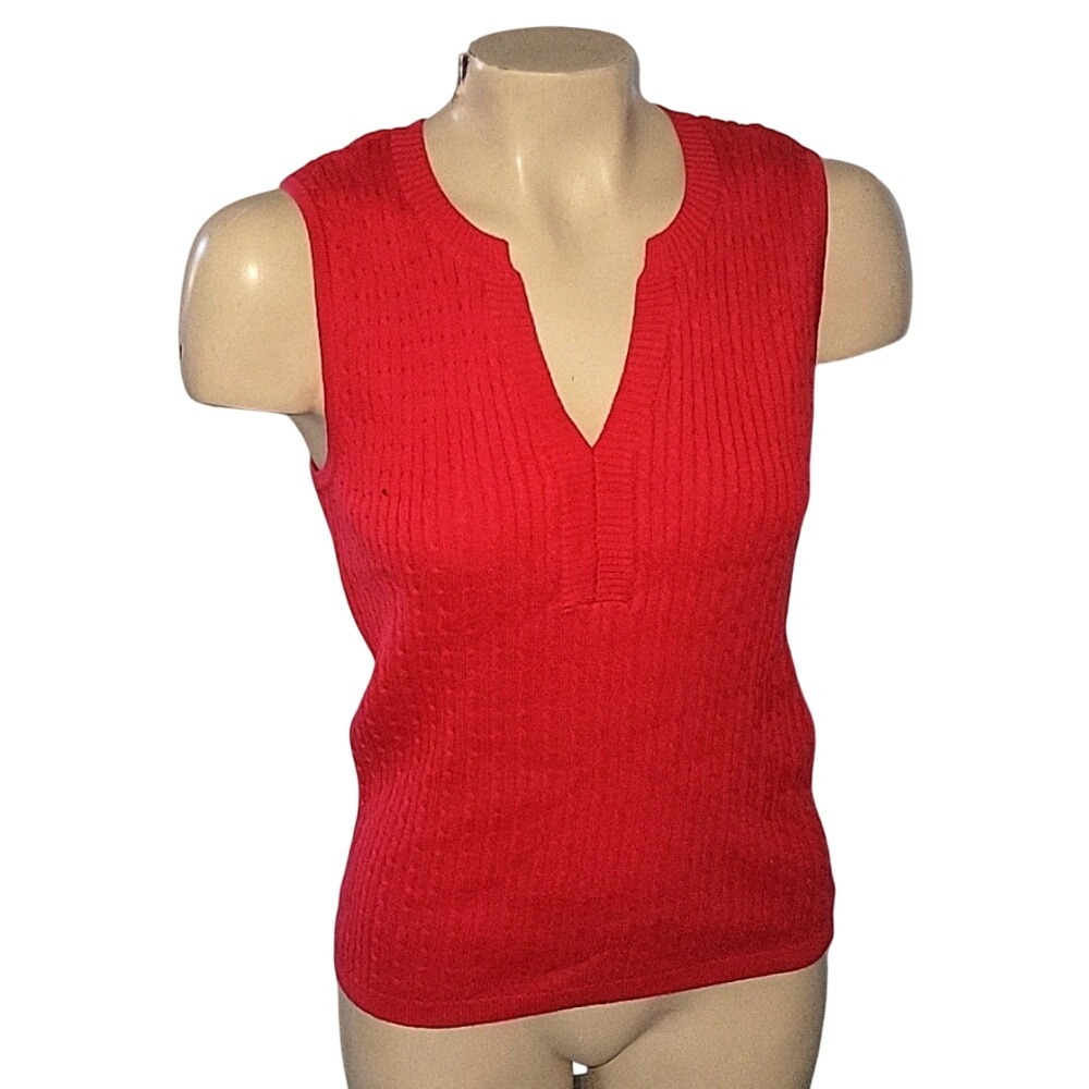 Jeanne Pierre NEW Sleeveless Knit Top V-Neck Ribbed Casual Red S designer luxury